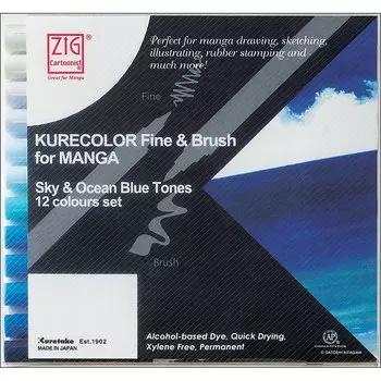 Набор маркеров ZIG Fine&amp;Brush for Manga Sky&amp;Ocean Blue Tones 12 шт (Синие тона)