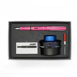 Набор ручка перьевая LAMY Safari, F корпус розовый+ картридж черный+ чернила син.+ конвертер
