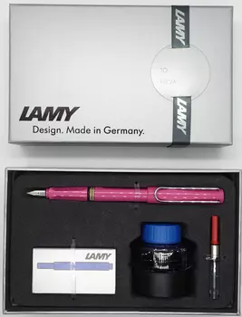 Набор ручка перьевая LAMY Safari, F корпус розовый+ картридж синий+ чернила син.+ конвертер