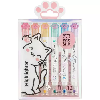 Набор текстовыделителей двусторонних MESHU "White kittens", 12 цв., пастельные цвета, 1-4мм, ПВХ бок
