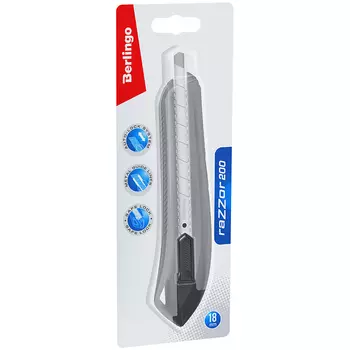 Нож канцелярский Berlingo "Razzor 200" 18 мм, auto-lock, металл. направл., серый, европодвес