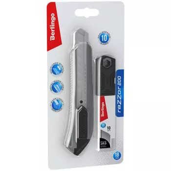 Нож канцелярский Berlingo "Razzor 200" 18 мм, серый + лезвия сменные 10шт., блистер, европодвес