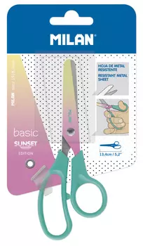 Ножницы канцелярские Milan "BASIC SUNSET" с лезвиями из нержавеющей стали, бирюзовые