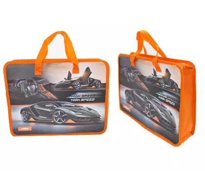 Папка для творчества "High speed" А4 с ткан. ручками, пластиковая, молния сверху, оранжевая с рисунк