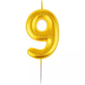 Свеча для торта с держателем MESHU "Цифра 9", 6 см, золотая, блистер