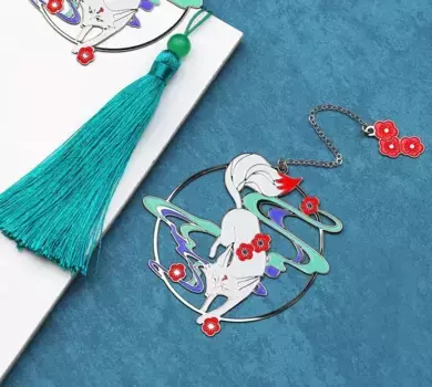 Закладка для книг с подвеской "Лиса в цветах сливы" (нержавеющая сталь)