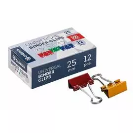 Зажимы для бумаг Глобус 12 шт, 25 мм, ассорти цветные