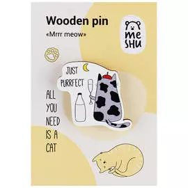 Значок деревянный MESHU "Mrrr meow", 3,8*3,6 см