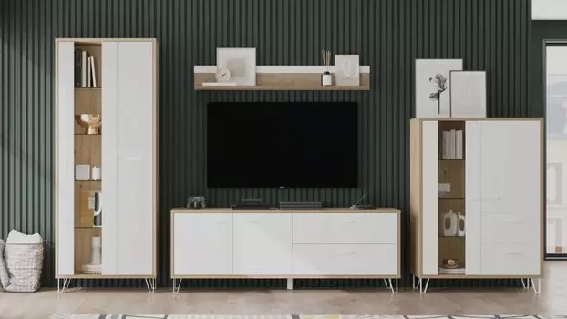 Гостиная со шкафом и тумбой со стеклом Agira, цвет Гикори кингстон+Белый блеск