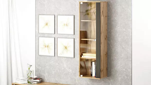 Шкаф навесной со стеклом Brick, цвет: Дуб Натюрель + Графит