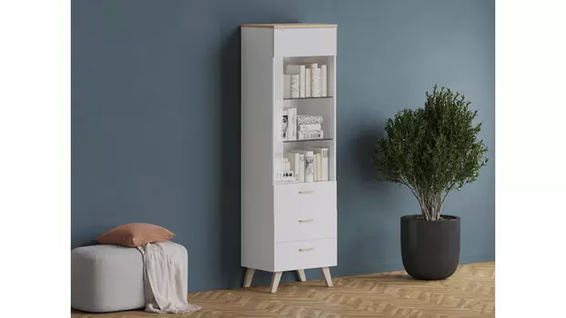 Шкаф однодверный с ящиками и стеклом Helmi, Гикори кингстон+Белый блеск