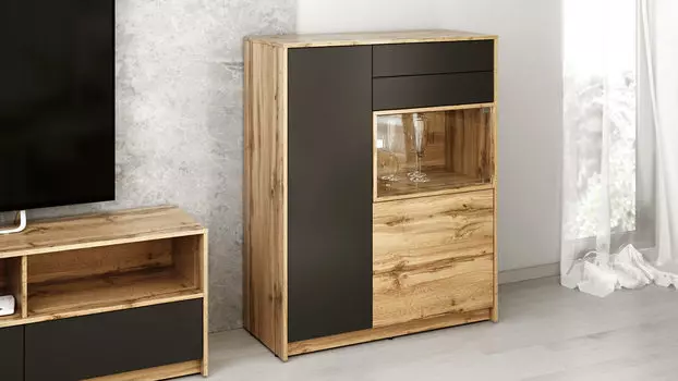 Шкаф трехдверный со стеклом Brick, цвет: Дуб Натюрель + Графит