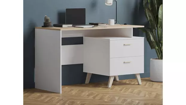 Стол письменный с ящиками Helmi, Гикори кингстон Белый блеск