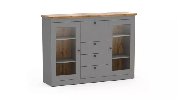 Тумба двухдверная со стеклом и с ящиками Justin, цвет Серый Шифер, Дуб Натюрель