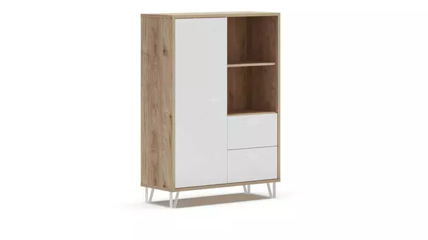 Тумба однодверная с 2 ящиками Agira, Цвет Гикори кингстон, Белый блеск