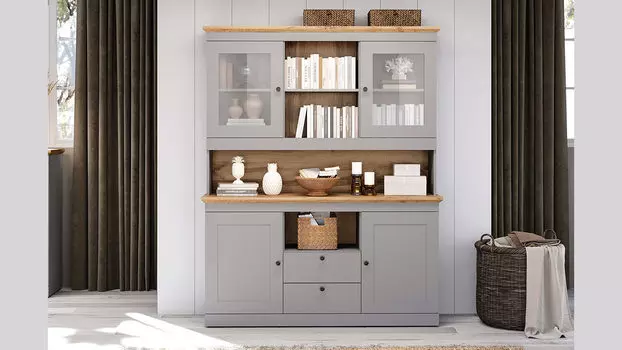 Витрина четырехдверная Justin, цвет Серый Шифер + Дуб Натюрель