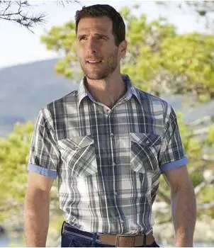 Рубашка в Клетку с Отделкой из Ткани Шамбре