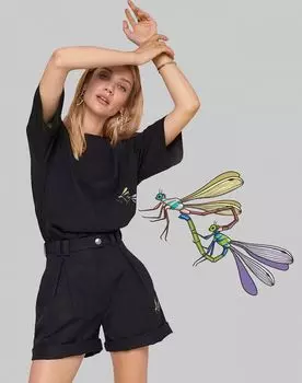 Футболка черная с принтом "Стрекоза" - "Absofuckinglutely perfect"