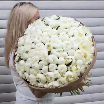 Букет из 101 белого пиона в крафте