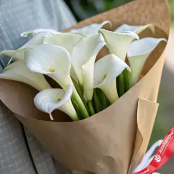 Букет 7 белых калл в крафте, с белой лентой