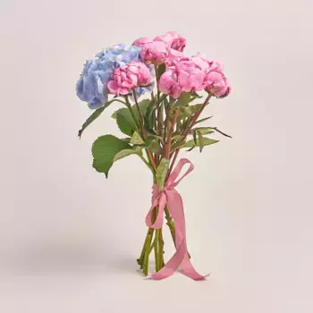 Букет из 10 розовых пионов и голубой гортензии