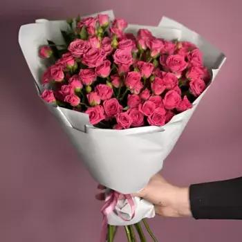 Букет из 11 кустовых розовых роз в белой пленке