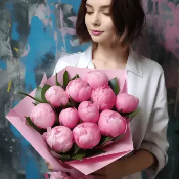 Букет из 11 розовых пионов в розовой бумаге