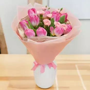 Букет из 11 тюльпанов и 6 гвоздик «Розовый шербет»