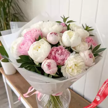 Букет из 15 белых и розовых пионов микс в пленке