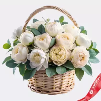 Букет из 15 белых пионов с эвкалиптом в корзине