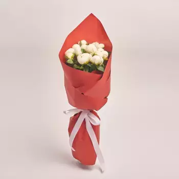 Букет из 15 белых пионов в красной бумаге