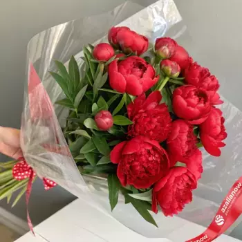 Букет из 15 красных пионов в пленке