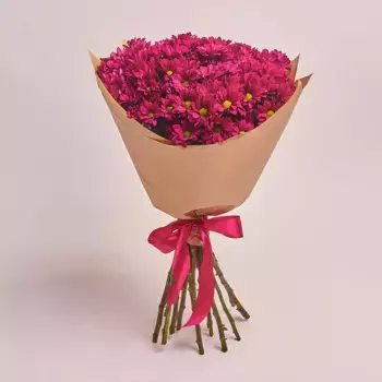 Букет из 15 малиновых хризантем в крафте