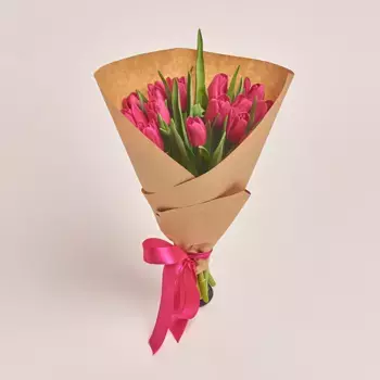 Букет из 15 малиновых тюльпанов в крафте