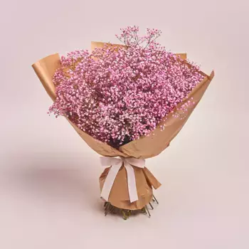 Букет из 15 розовых гипсофил в желтой бумаге