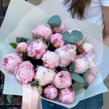 Букет из 17 розовых пионов в белой бумаге
