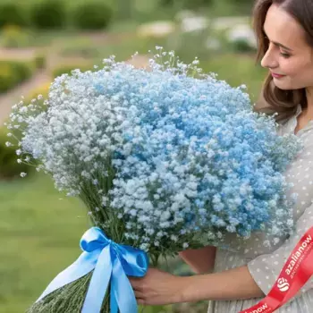 Букет из 19 голубых гипсофил с голубой лентой
