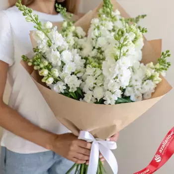 Букет из 25 белых дельфиниумов в крафте с белой лентой