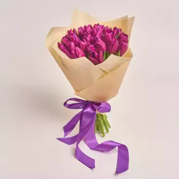 Букет из 25 фиолетовых тюльпанов в бежевой пленке