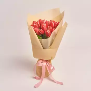 Букет из 25 красных тюльпанов в бежевой пленке