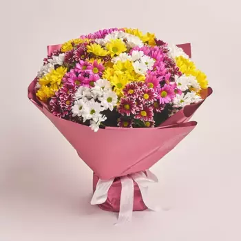 Букет из 25 кустовых хризантем микс в розовой бумаге