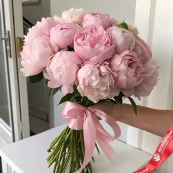 Букет из 25 пионов розовых с розовой лентой