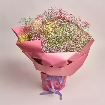 Букет из 25 радужных гипсофил в оранжевой бумаге