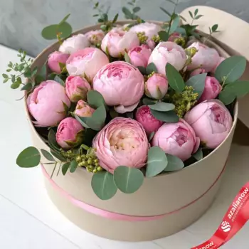 Букет из 25 розовых пионов с эвкалиптом в коробке