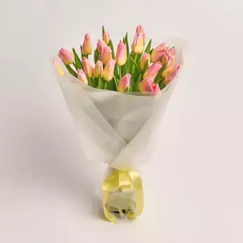 Букет из 25 желто-розовых тюльпанов в пленке