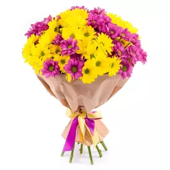 Букет из 25 желтых и розовых хризантем «Ягодный микс»