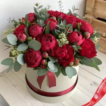 Букет из 30 красных пионов с эвкалиптом в коробке