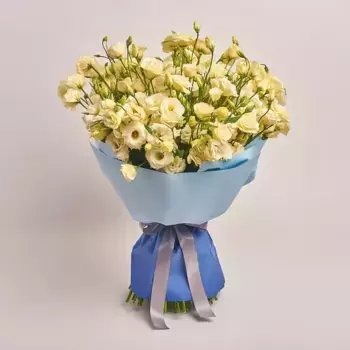 Букет из 31 бежевого лизиантуса в голубой пленке