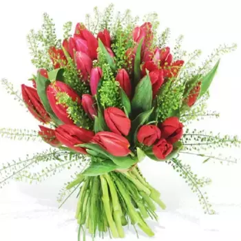 Букет из 31 красного тюльпана с зеленью