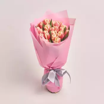 Букет из 35 розово-белых тюльпанов в розовой пленке